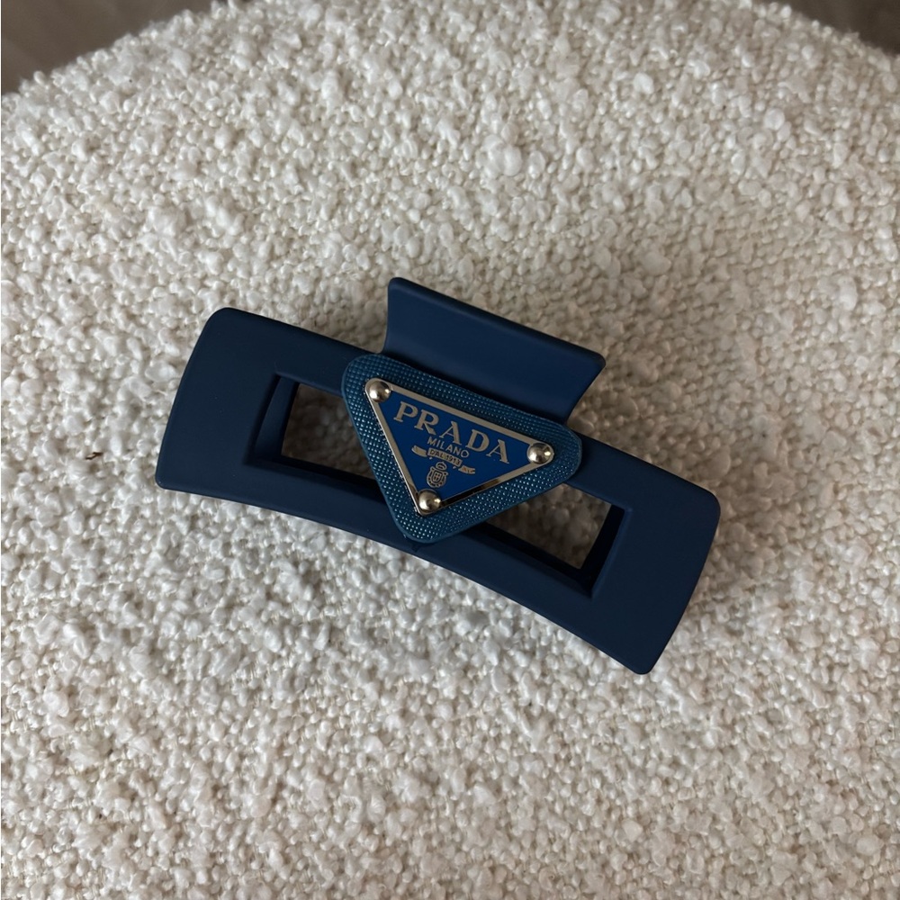 Prada Blue Rectangular Hair Clip with Triangular Logo